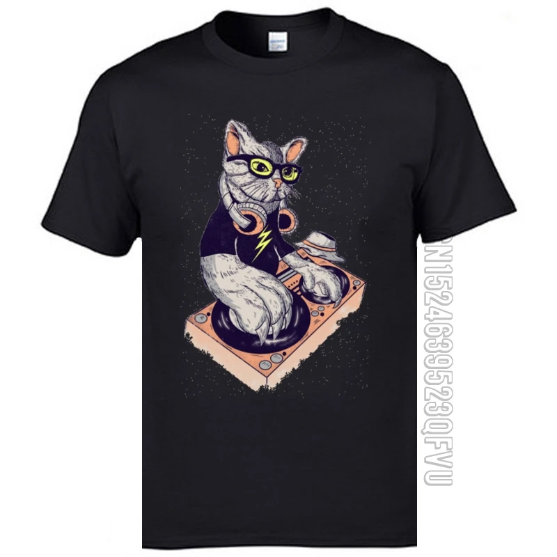 Техно DJ рок царапины кошка Смешные вырез лодочкой футболки хип хоп Рок музыка