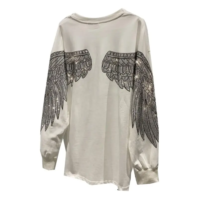 

2020 Autumn New Back Rhinestone Hot Drilling Eagle Wings Design Sweater Top Women's Fashion Hoodie Crew Neck Loose Sweatshirts