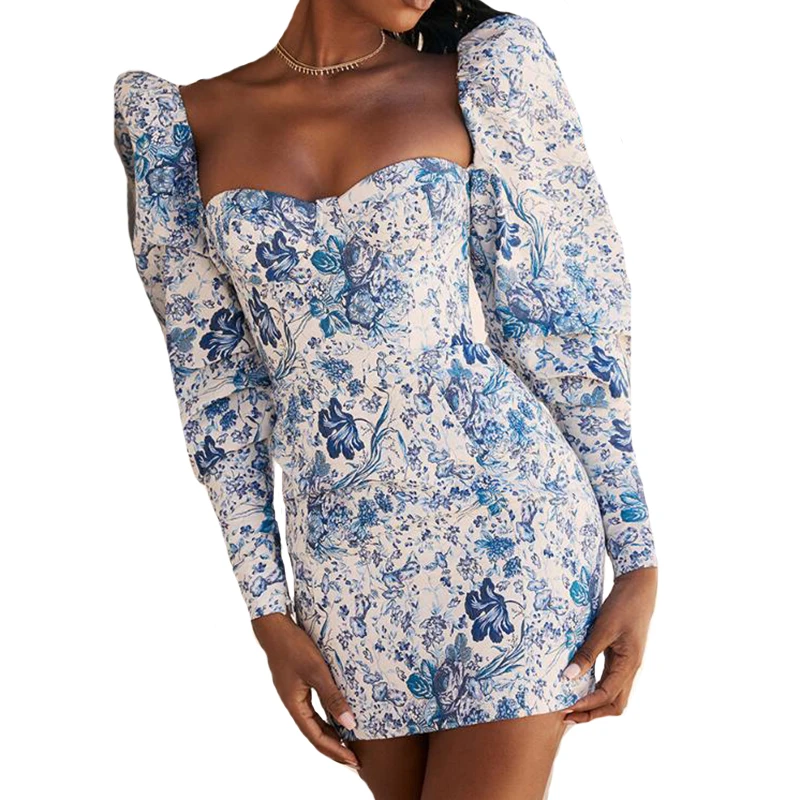 

CUHAKCI Blue and White Porcelain Floral Print Sexy Mini dress Summer Women Fashion Long Sleeve Streetwear Club Bodycon Dresses
