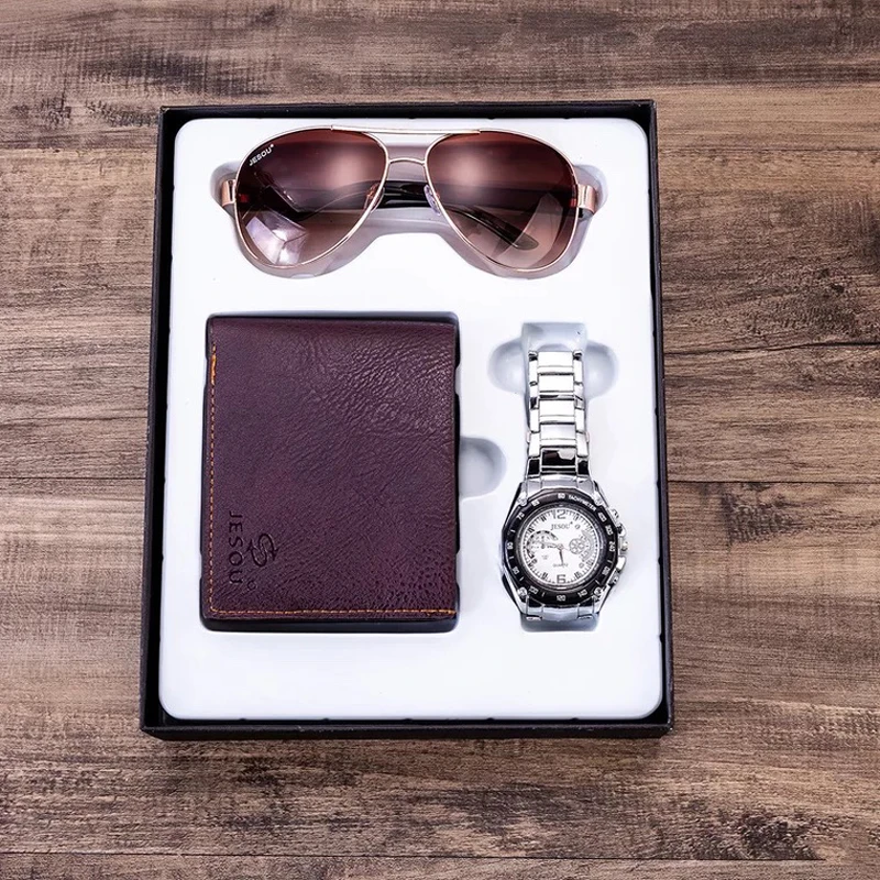 

Men Watches Gift Set Watch Wallet Sungglasses Sets Family Gifts Steel Business Watch Present Gift Suit For Man Husband Boyfriend