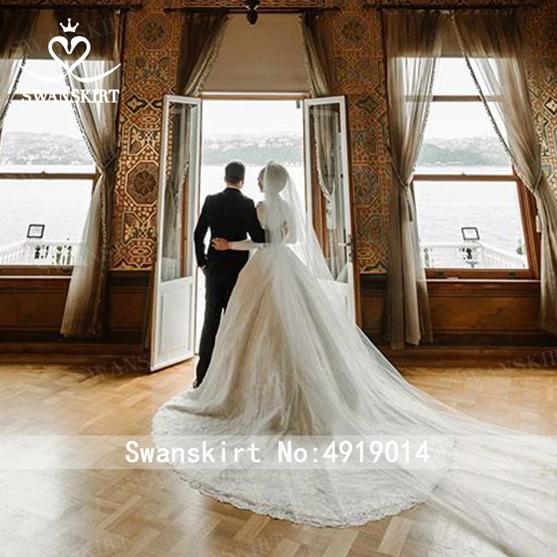 Роскошные мусульманские аппликации свадебное платье Swanskirt AZ01 Винтаж Принцесса бальное платье с длинным рукавом атласное свадебное платье Vestido de noiva