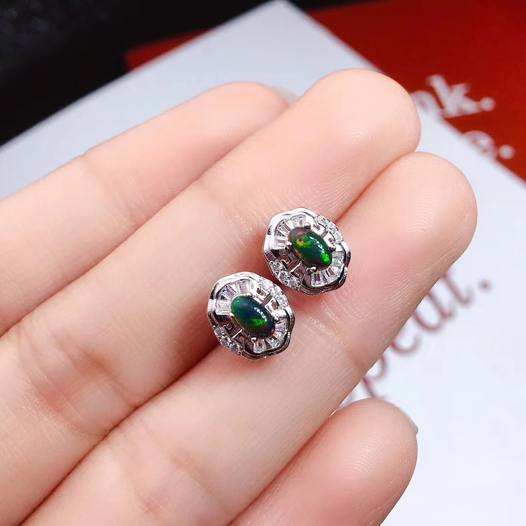 

CoLife Jewelry Fashion Balck Opal Stud Earrings 3*5mm Natural Opal Silver Earrings 925 Silver Black Opal Stud Earrings
