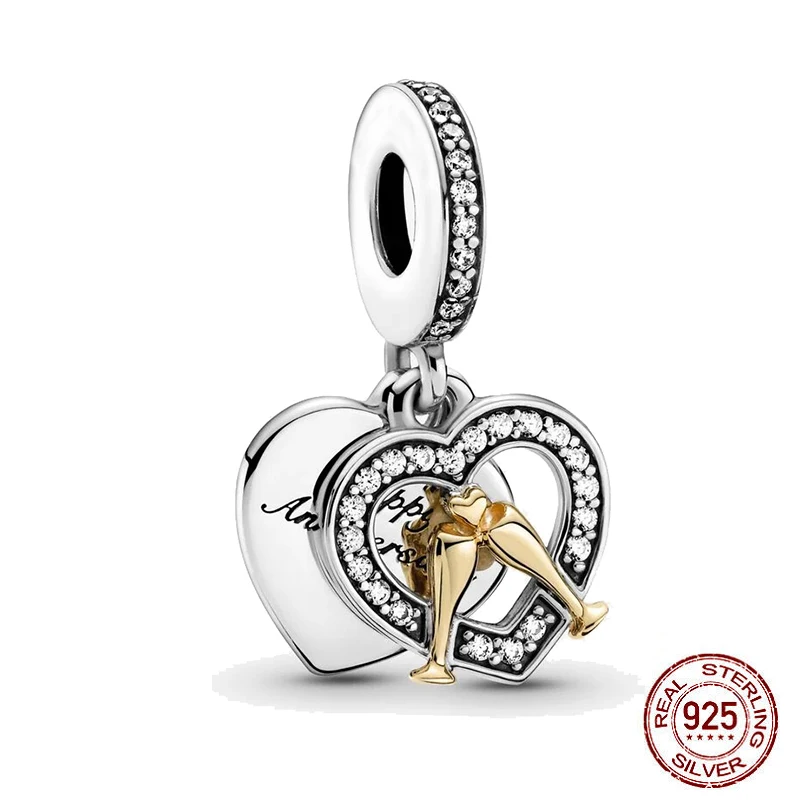 

2021 Newest 925 Sterling Silver Two-tone Happy Anniversary Dangle Charm Fit Original Pandora Bracelets Women Diy Jewelry Making