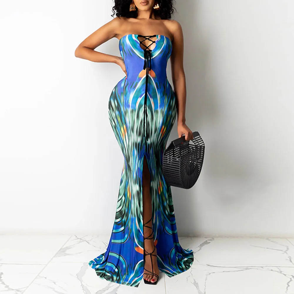 

Western Style Women's Dress Mermaid Long 2021 Summer New Fashion Sexy Printing One Word Collar Split Fork Bandage Buttocks