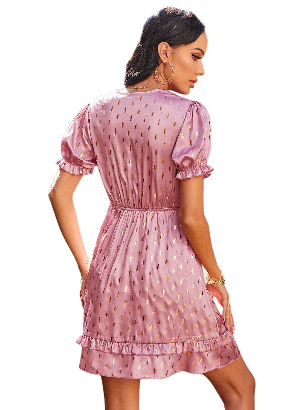 

Summer V-neck Bow Pink Boho Dress Sexy V-Neck Puff Sleeve Falbala Beach on Vacation Dresses 2021 Women Fashion Clothing