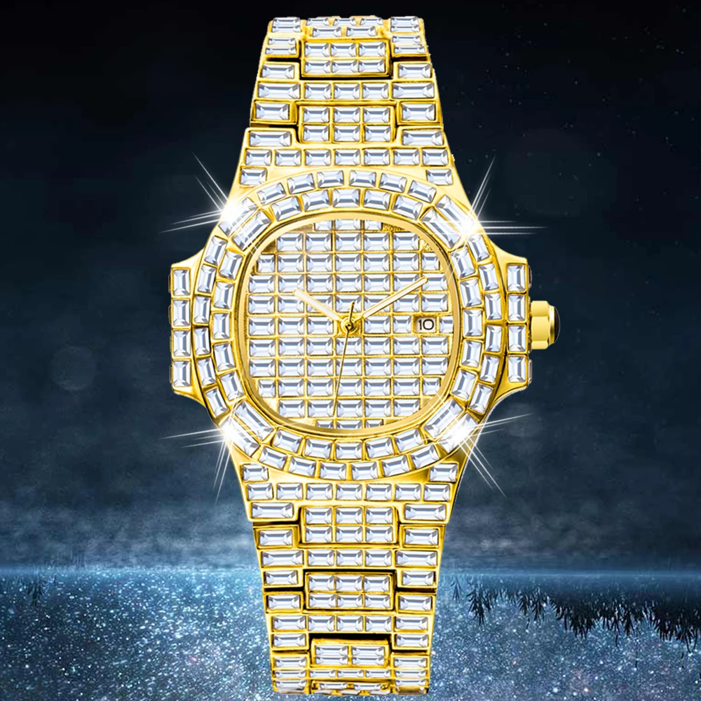 

Мужские часы 40 мм в стиле хип-хоп Iced Out Diamond, мужские часы в стиле хип-хоп, модные кварцевые наручные часы, водонепроницаемые золотые Relogio Masculino...