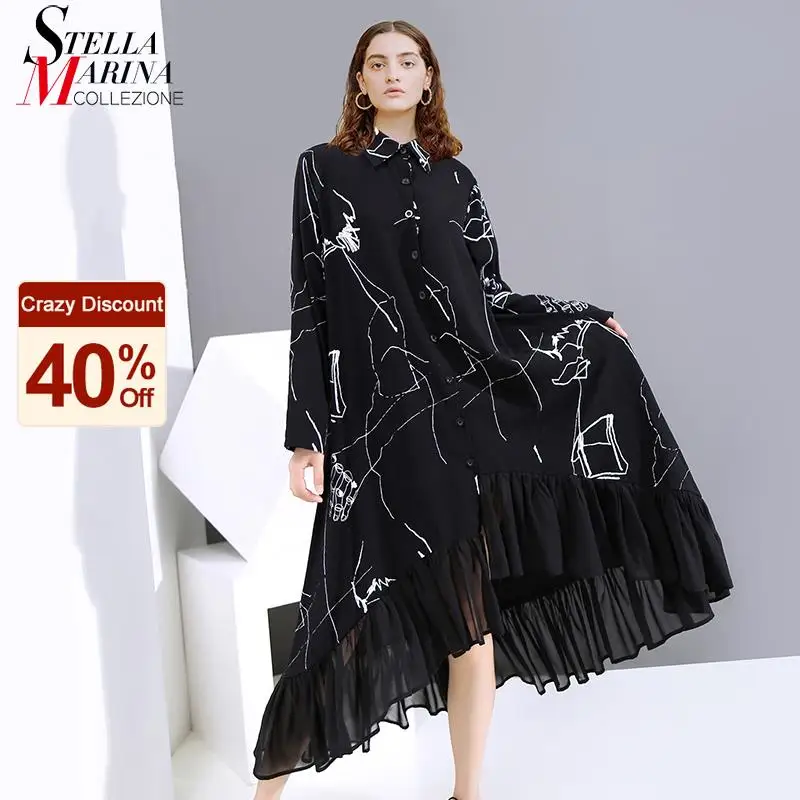 Новинка женское осеннее черное винтажное платье рубашка с длинным рукавом