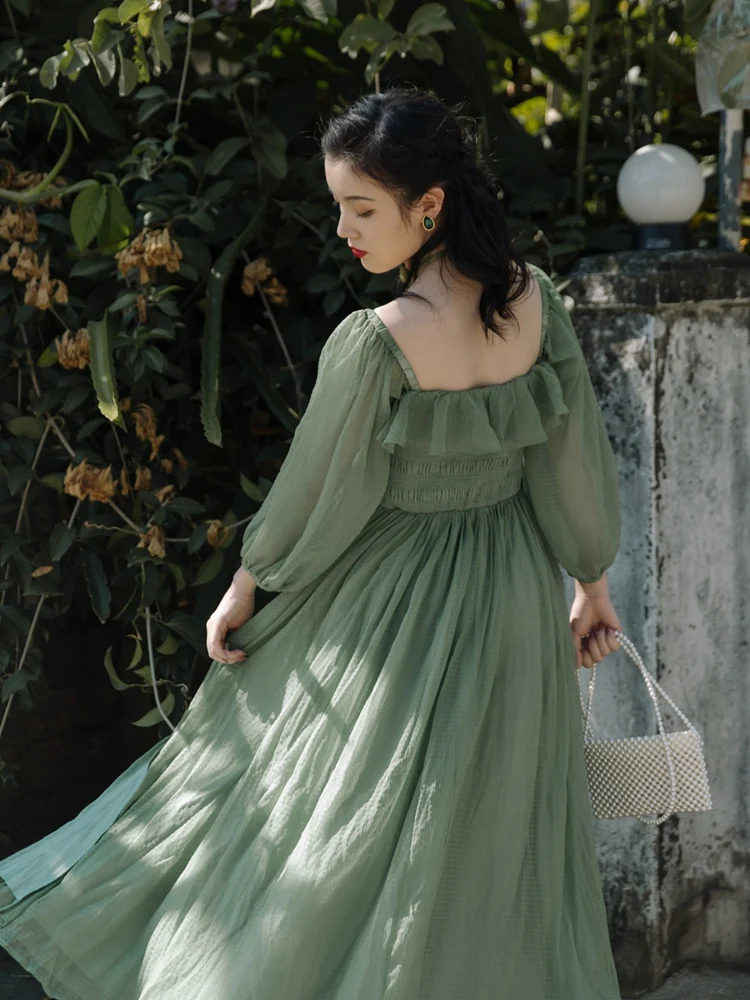 

Cottage Style Lavender & Green Chiffon Spring Dress Women Vintage Square Collar Elastic Sweet Princess Dresses Vestido Playa