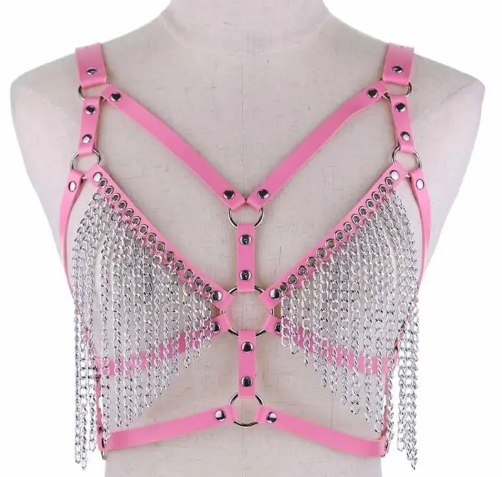 pink Сексуальные ремни из искусственной кожи, женские кисточки, цепочка-пояс на талию, связывание, клетка для отдыха, тело, грудь, женские ремни-подтяжки, аксессуары - Цвет: pink