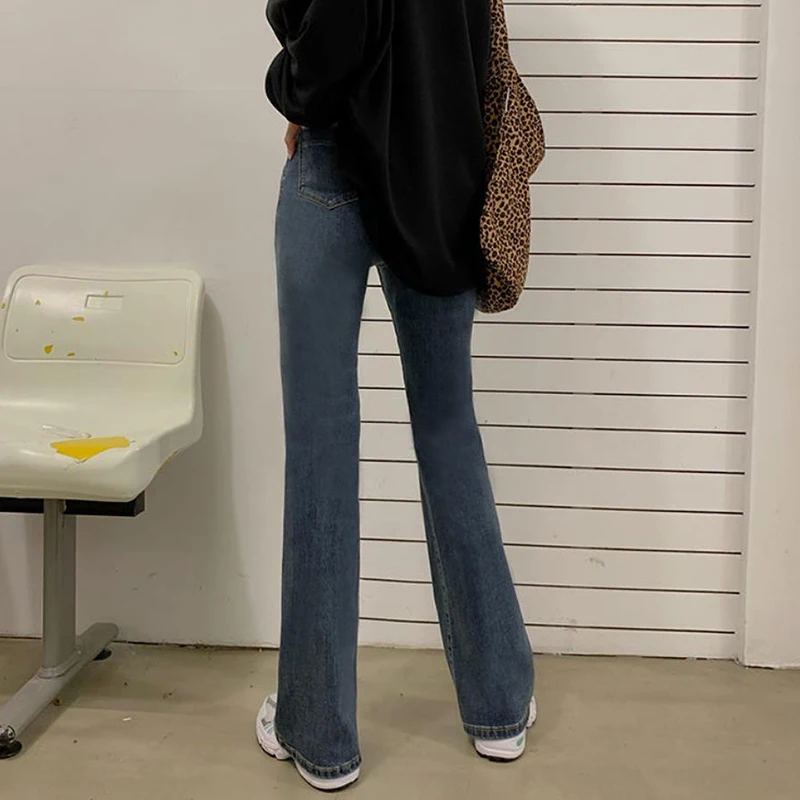 

Vintage Slim Denim Bell Bottoms Pants For Women Streetwear Solid Skinny Flare Jeans Spring Casual High Waist Lady Trousers