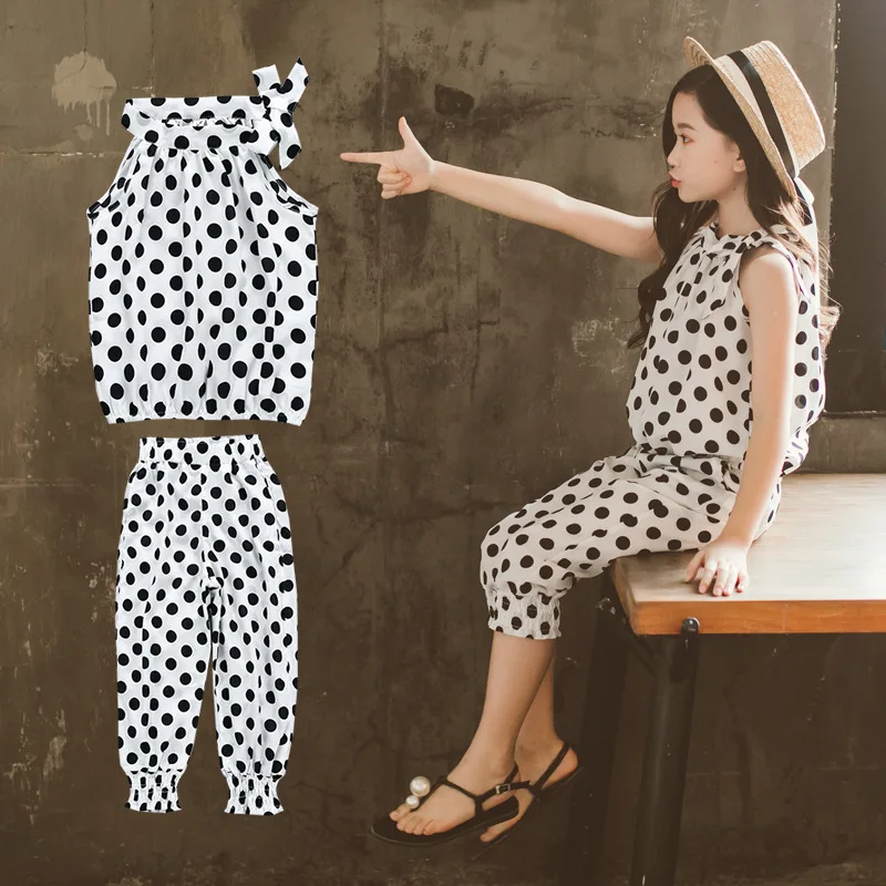 Летние шифоновые топы и брюки в горошек для девочек подростков комплекты детской