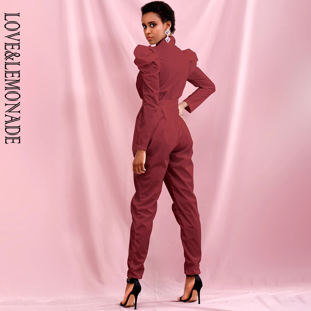 

LOVE&LEMONADE Sexy Deep V-Neck Bubble Long Sleeve Dark Red Jumpsuit LM82397