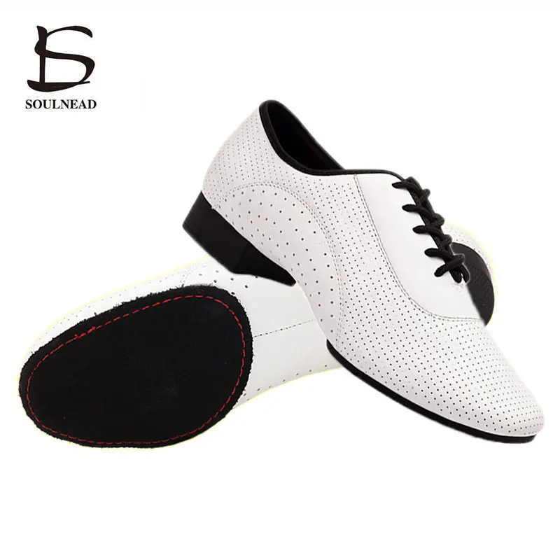 White Mens Ballroom Dance Shoes 3cm Heel Latin Dance Shoes for Men Genuine Leather Modern Soft Sole Jazz Salsa Dancing Shoe Male