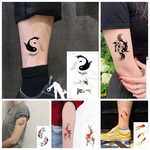 Тату-наклейка черно-белая водостойкая с имитацией карпа и рыбы