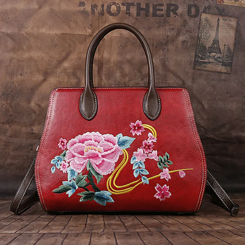 

Chinese Style Embroidery Floral Tote Bag Ladies Genuine Leather Messenger Bags for Women 2022 Spring Cowhide Shopping Handbags