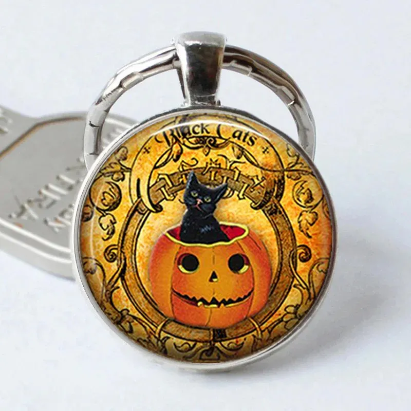 

2019 Newest Pumpkin and Cat Glass Cabochon Pendent Necklace Halloween Pendant Pumpkin and Cat Hand Craft Jewelry Wholesale