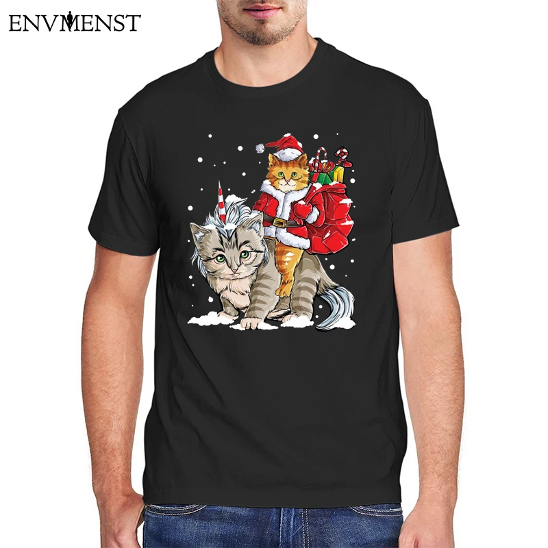 

Винтажная Мужская футболка с рисунком Санта Клауса, кота, единорога, Рождества, хлопка, забавная футболка большого размера с графическим ри...