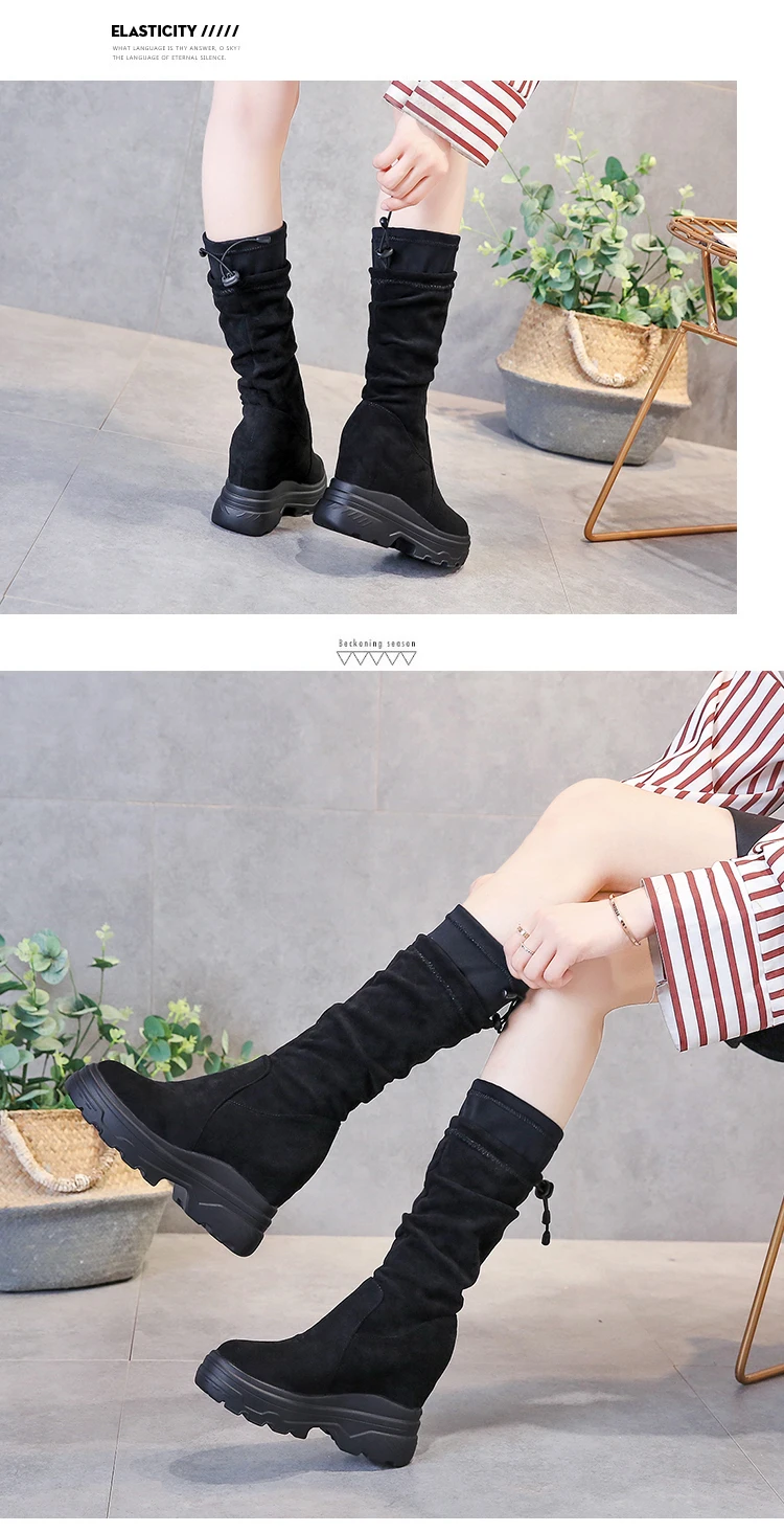 SWYIVY Chaussure Femme/обувь на танкетке до середины икры женская зимняя обувь г. Женские ботинки на платформе без застежки женские ботинки из флока
