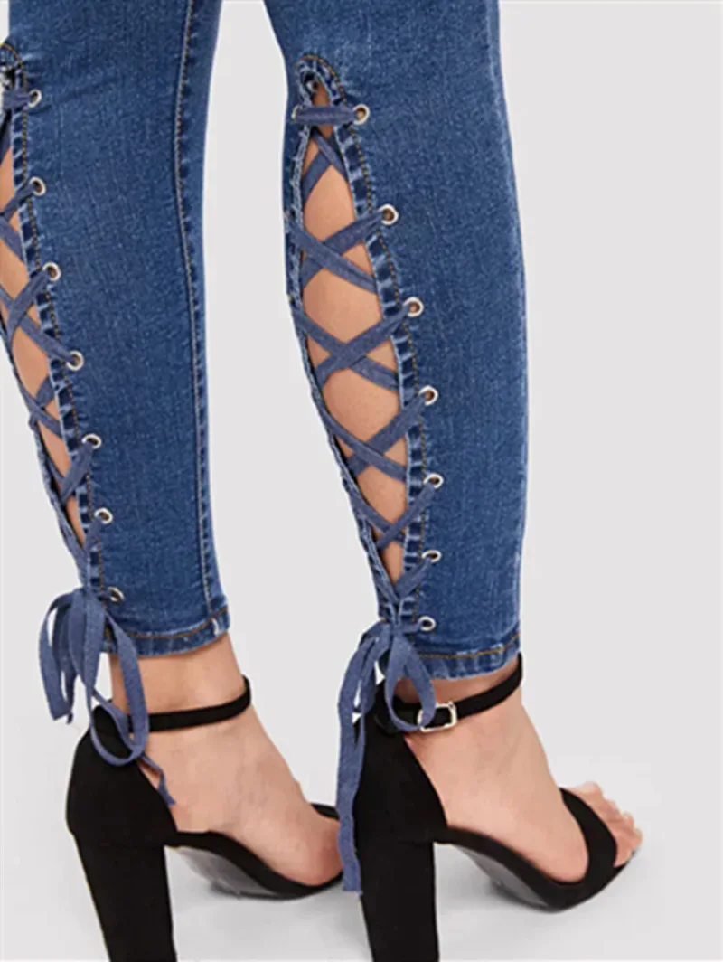 

Women's Jeans Fashion Blue high-waisted Bandage Corns Stretch Denim Feet Pants Women 2021 New