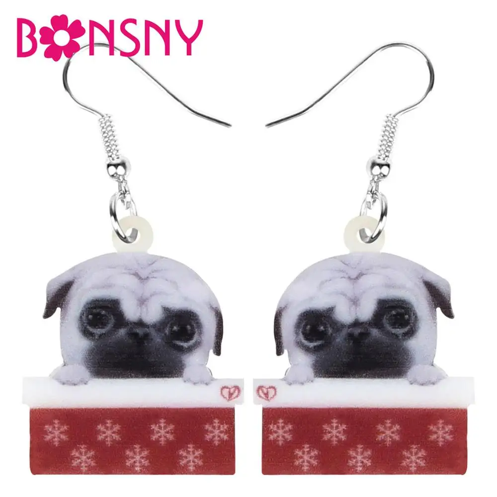 

Bonsny Acrylic Christmas Pug Dog Earrings Drop Dangle Animal Jewelry For Women Girls Teens Kids Party Decorations Gift Accessory