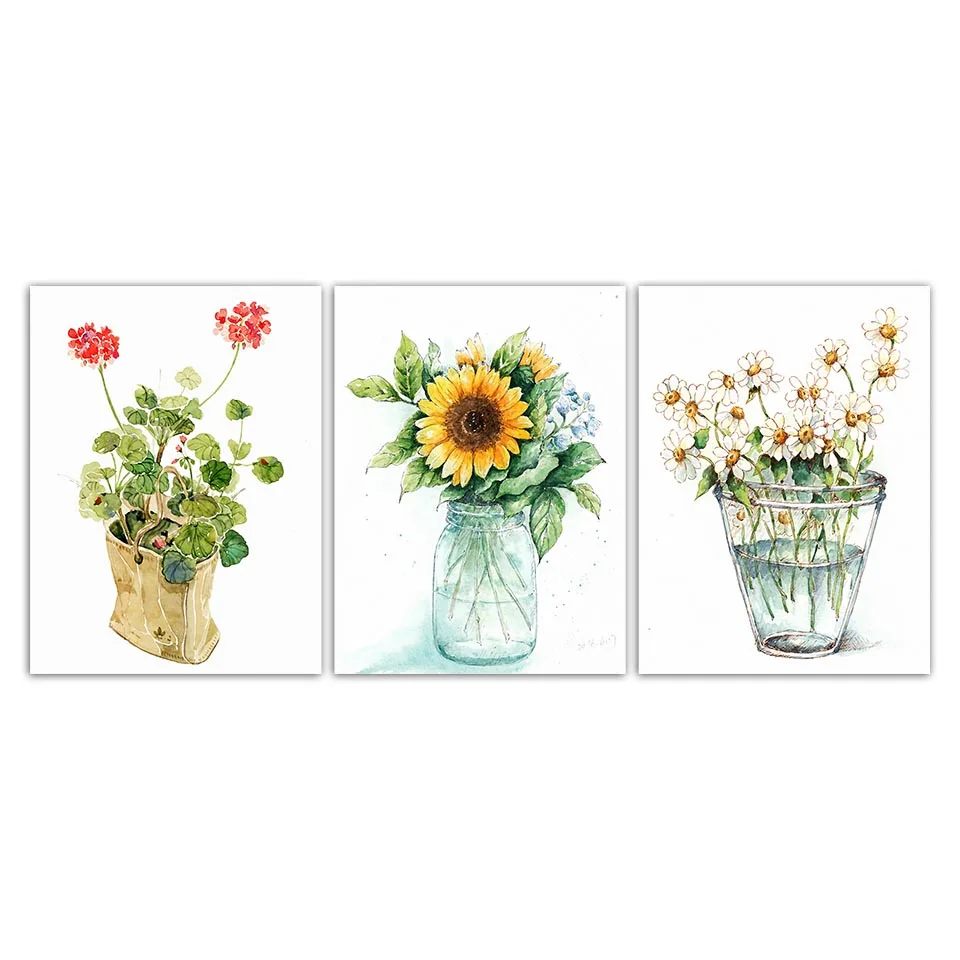 Sunflower Daisy Nordic Style Art Flowers Green Potted Plant Painting living Room Wall Canvas Print Nord Home Decor Sacred Simple | Дом и сад