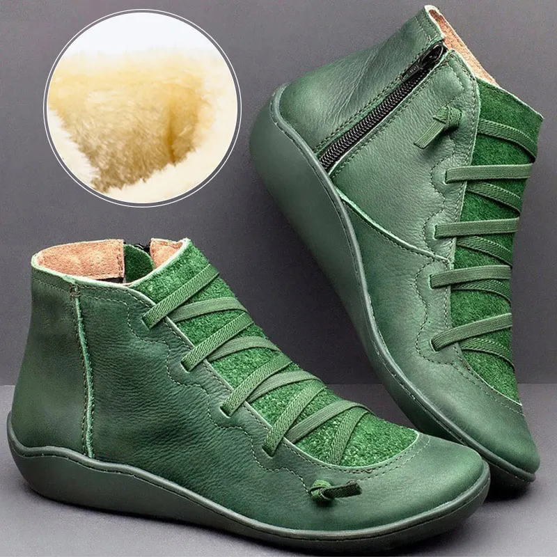 

Women Winter PU Leather Zip Fur Plush Warm Ankle Boots Vintage Ladies Flat Cross Strappy Woman Platform Shoes Female Botas Mujer