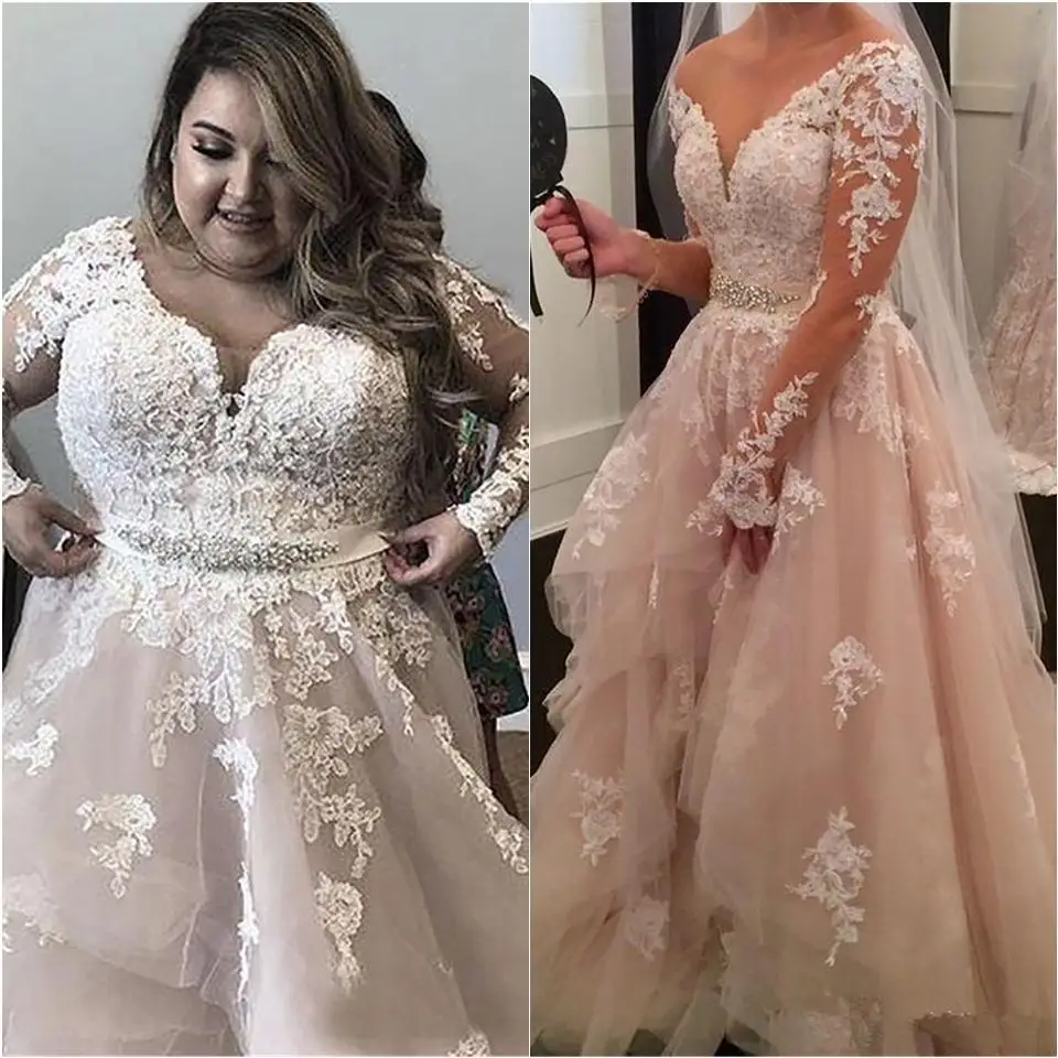 

Plus size Crystals Lace Arabic Wedding Dresses V-neck Long Sleeves Tiers Bridal Dresses Wed Vintage Sexy Wedding Gowns