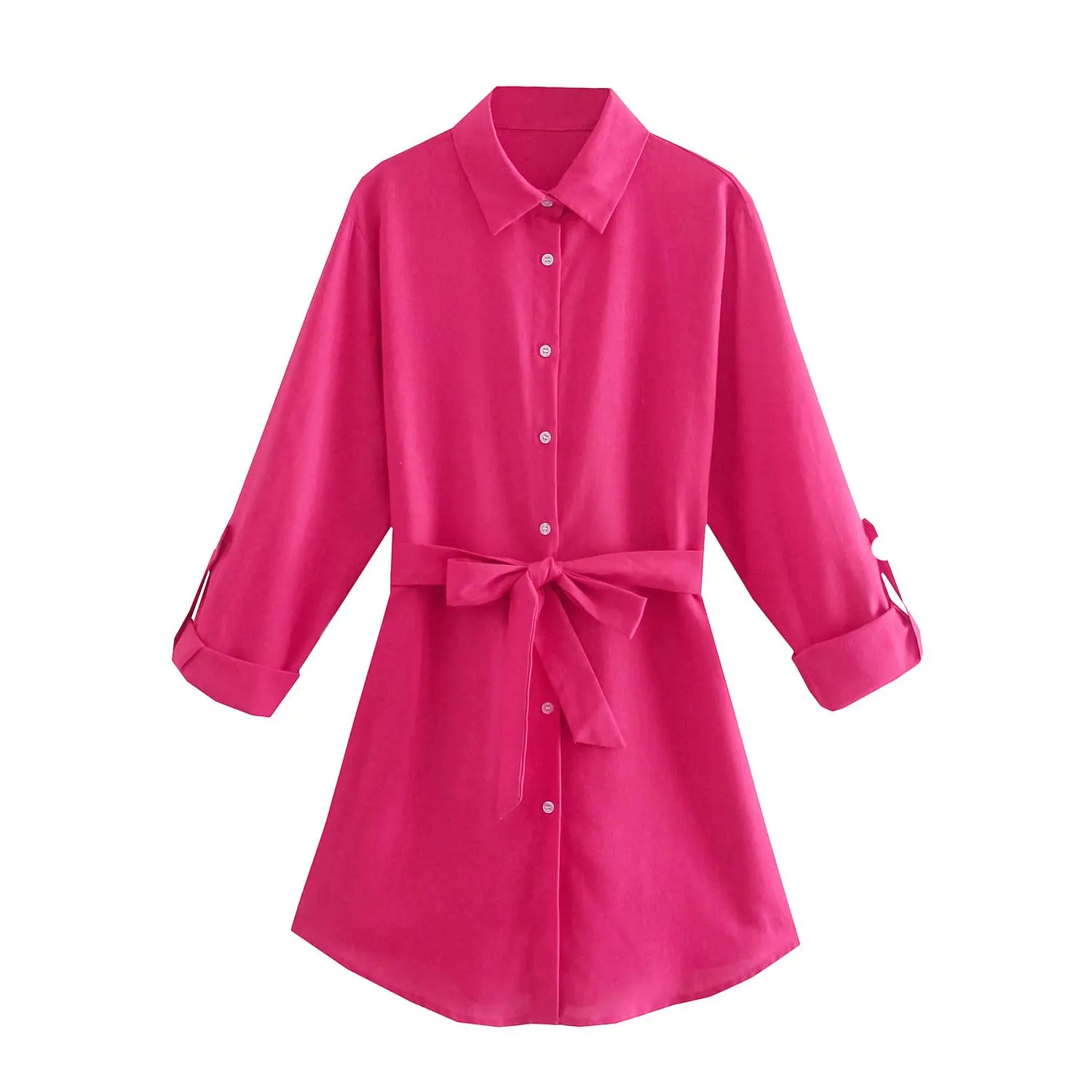 

2021 осеннее модное женское платье-рубашка Hotpink с воротником-лодочкой и длинным рукавом, офисное женское мини-платье