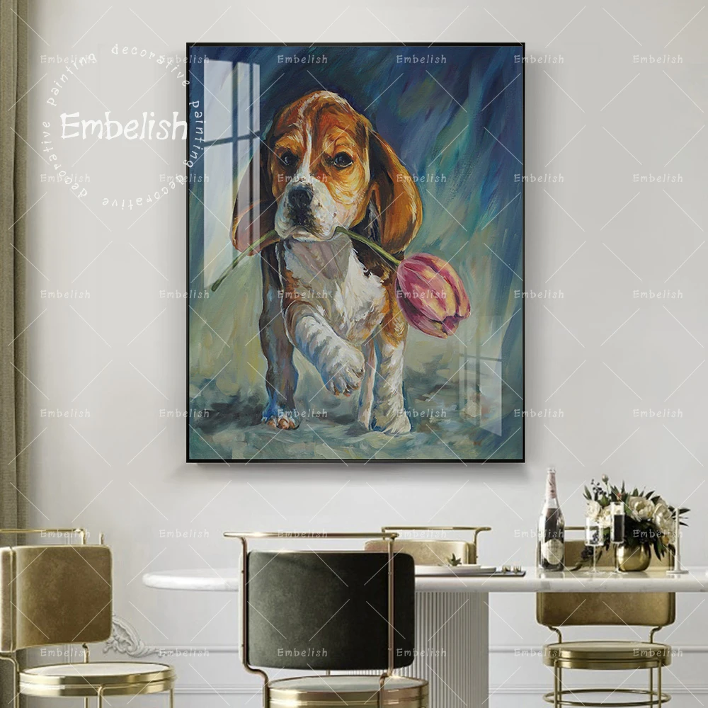 

Embelish Hand Draw Cute Colored Dog With Tulip Modern HD Wall Pictures For Living Room Canvas Oil Painting Living Room Posters