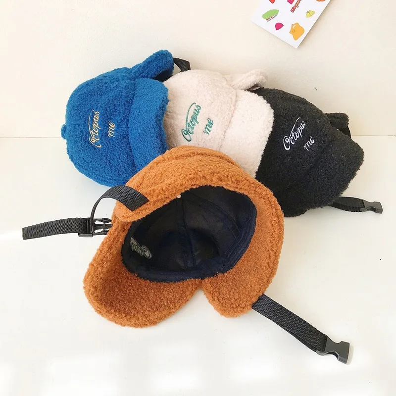 

Autumn/winter New Lamb Down Lei Feng Hat Children's Embroidery Adjustable Windproof Belt Ear Protection Hat Plus Velvet Kids