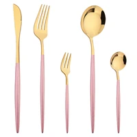 western 5pcs pink gold cutlery set stainless steel dinnerware flatware knife cake fork coffee spoon tableware kitchen silverware