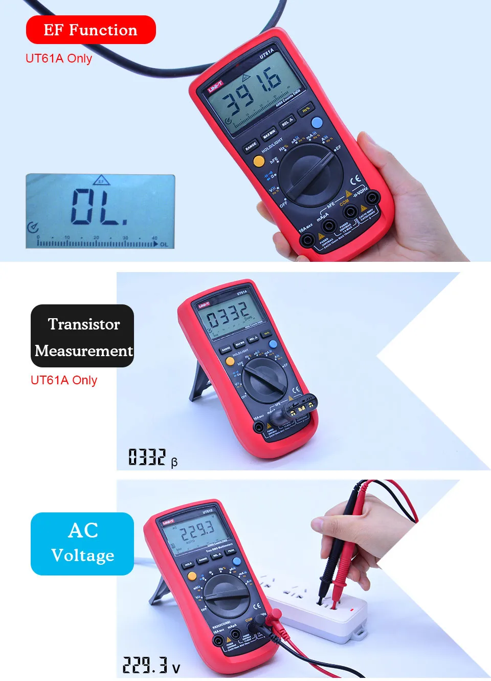 UNI-T Цифровой мультиметр UT61A/B/C/D/E; AC DC Вольт Ток Ом метр; Емкость Частота диода непрерывность зуммер тест удержания данных