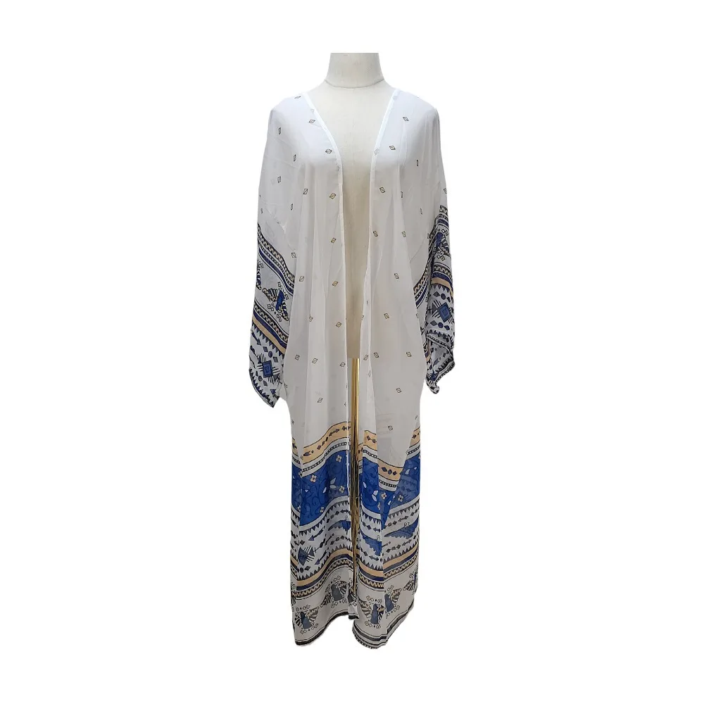 

2021 Chiffon White Treasure Blue Printed Loose Plus Size Beach Cover Up Dress Women
