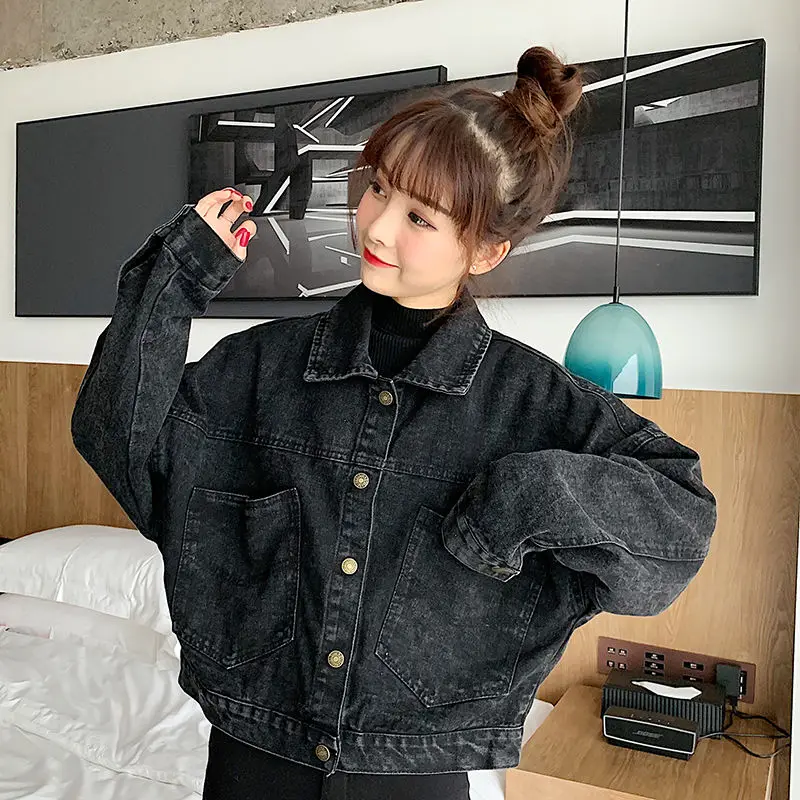 

Hot Sale Harajuku Black Denim Short Jackets Women Loose Single Breasted Button Pockets Korean Style Chic Retro Casual