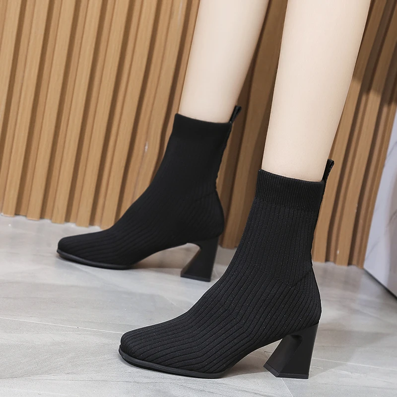 

Женские ботинки без шнуровки с квадратным носком, эластичные вязаные тканевые ботинки на высоком каблуке, ботинки 2021, женские осенне-зимние...