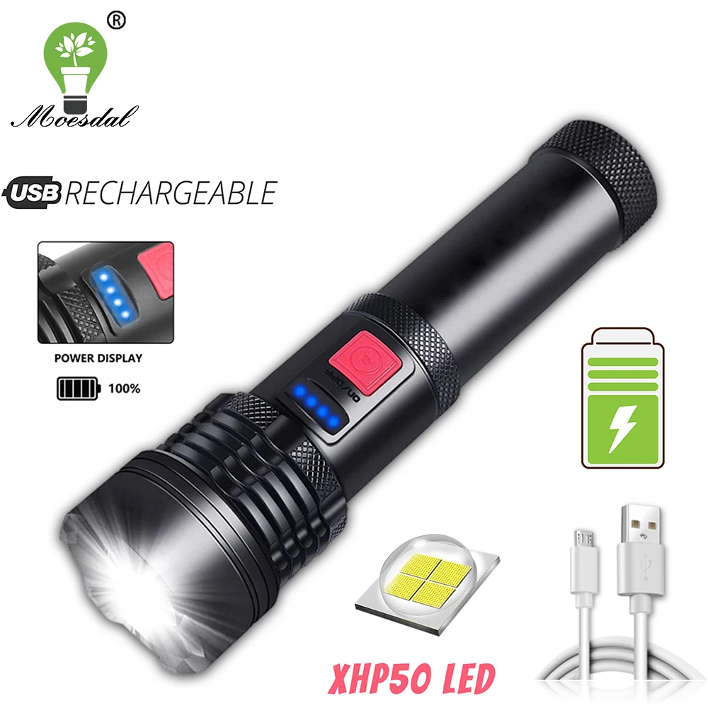 

Super Bright LED Flashlight with 4 Core P50 Aluminum Alloy Material, Waterproof, 5 Light Modes, Charged Display, Telescopic Zoom