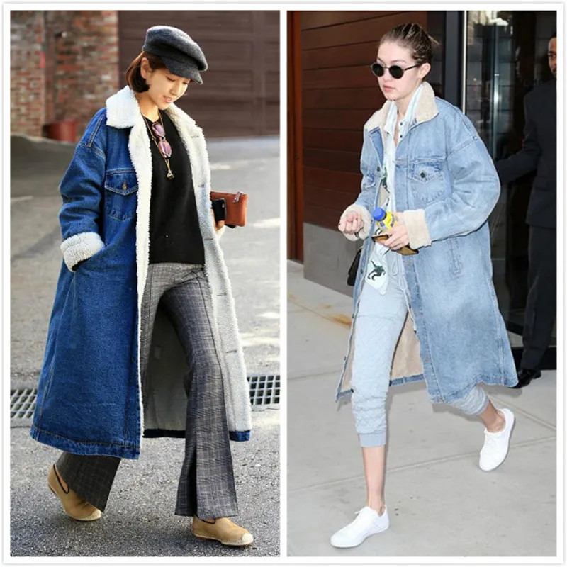 

Winter Lamb Wool Linner Thick Denim Jacket Women Mid-length Plus Velvet Cotton-padded Jacket Fur Collar Lapel Coat Tide JD1934