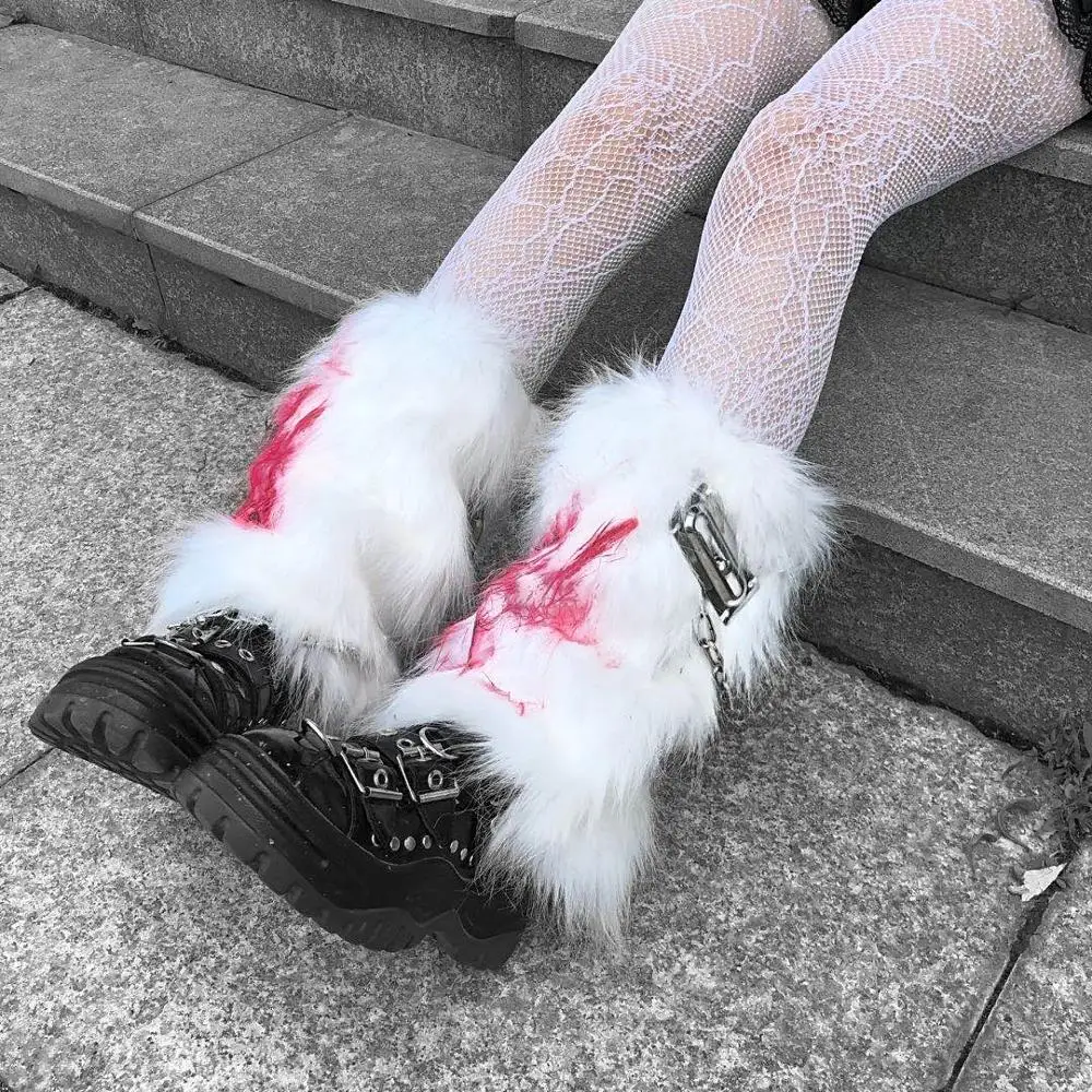 Winter Japanese Knee Sleeve Leg Cover Warm Bloody Metal Chain Harajuku Punk Handmade White Furry Leg Warmer