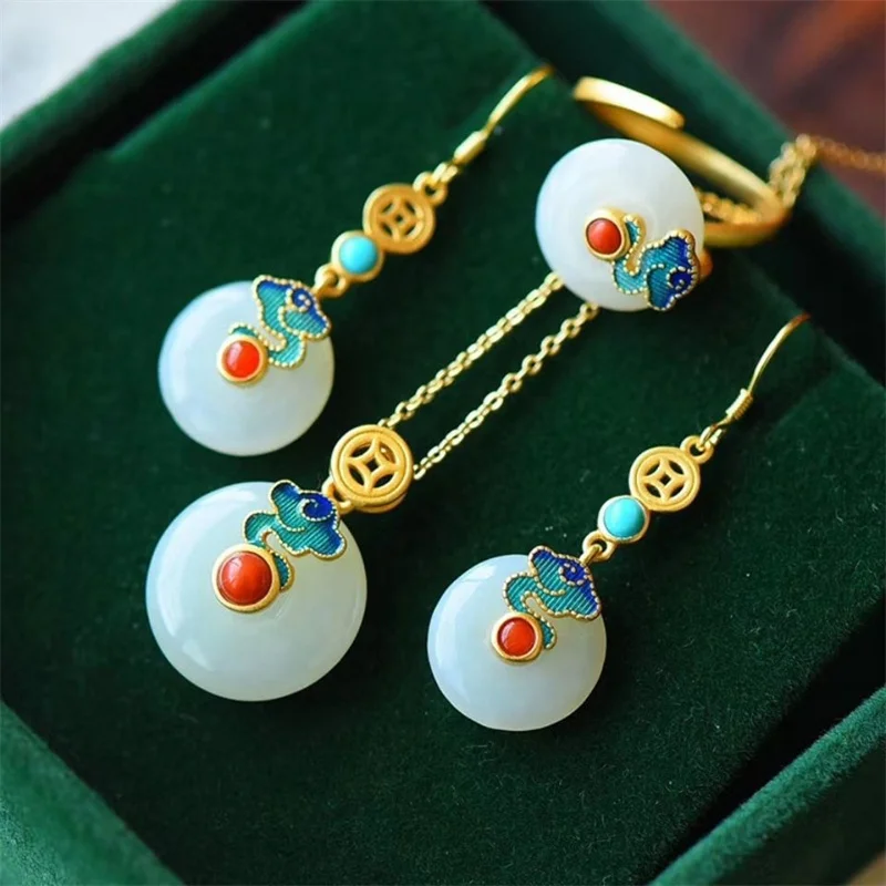 

Ancient law inheritance enamel auspicious clouds inlaid jade donuts, women's earrings/pendants/rings retro set wholesale