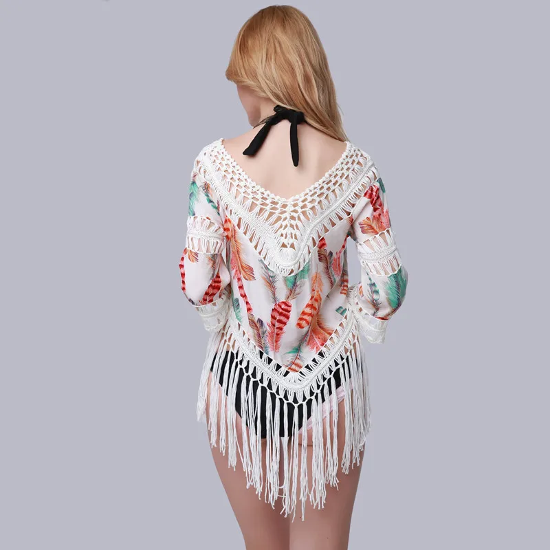 

Summer Holiday Beach Cover Up Ladies Sexy Tassel Swimsuit Pashmina Loose Cover Ups Printed Beach Wear YC989047
