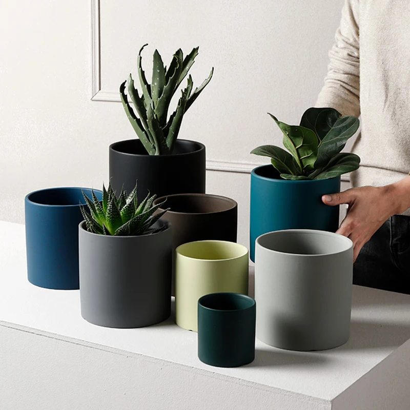 Nordic Industrial Style Colorful Ceramic Flowerpot Succulent Planter Green Plants Cylindrical Shape Flower Pot With Hole Tray | Дом и сад