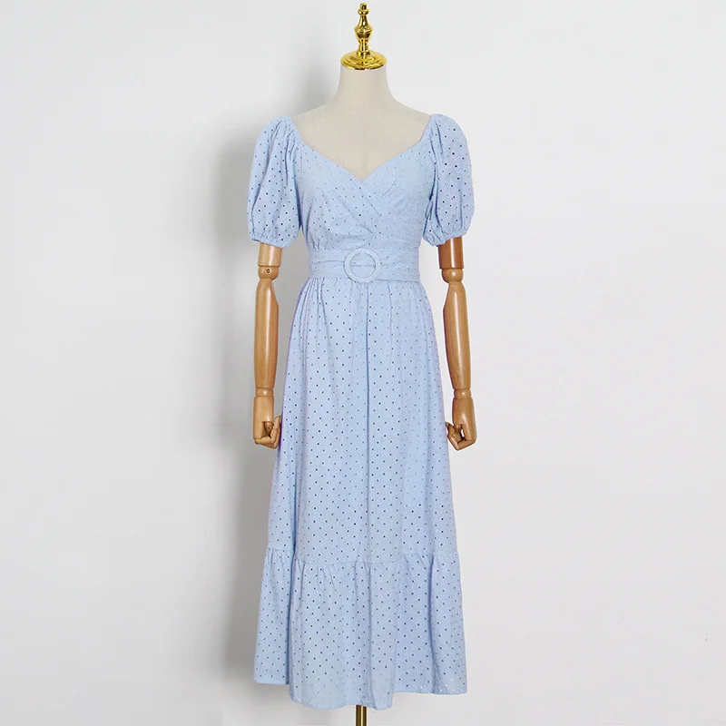 

Women Embroidery Maxi Summer Dress Square Collar Hollow Out High Waist Tunic Belt Casual Long Dress