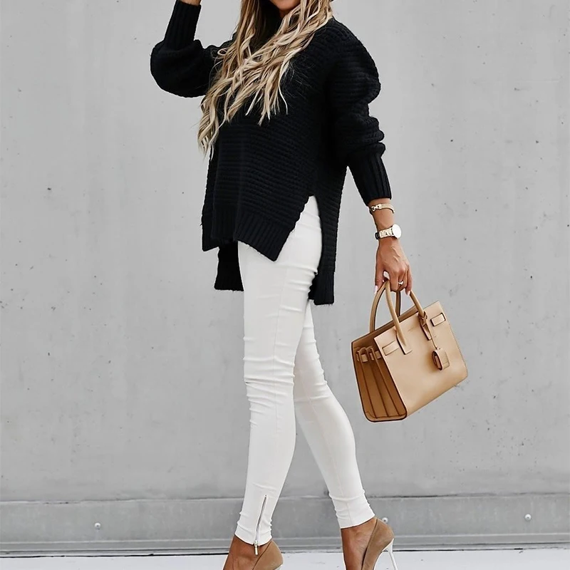

Fashion Long Sleeve Loose Slit Knitted Sweater Autumn Winter Warm Turtleneck Sweater Women Casual Irregular Pullover Tops Jumper
