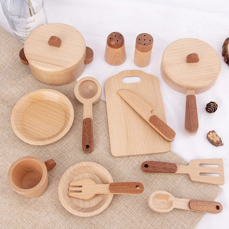 

15 PCs Childrens Wooden Play House Toy Simulated Cookery Kitchenware Set Montessori Education Fruit Vege Cutting Game