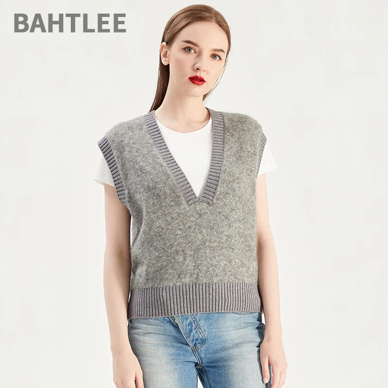 BAHTLEE осенне-весенний женский мохер без рукавов пуловер с вырезом в виде буквы V жилет свитер чистый цвет шерсть вязаный джемпер с разрезом