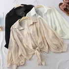 Блузка женская шифоновая, с коротким рукавом, на пуговицах, свободная, повседневная, с завязывающейся талией, лето 2020