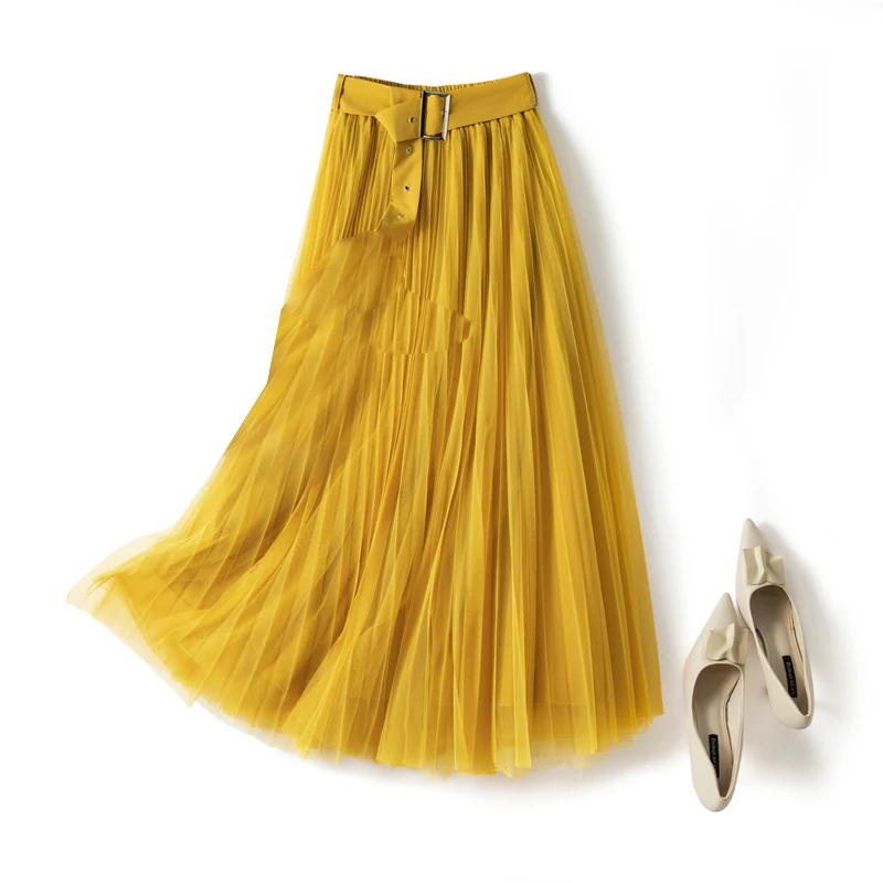 

Stylish high-waisted temperament pleated skirt women 2021 spring summer feel A-word skirt plus size skirt Sashes Casual