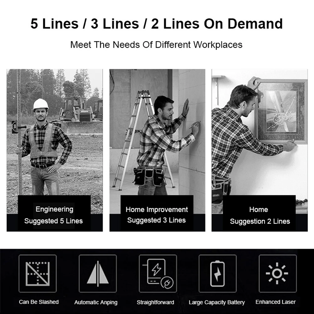 

2/3/5 Cross Lines Laser 360 Automatic Leveling Instrument 3D Vertical Horizontal Leveling Auto Self-Leveling Mode Measuring Tool