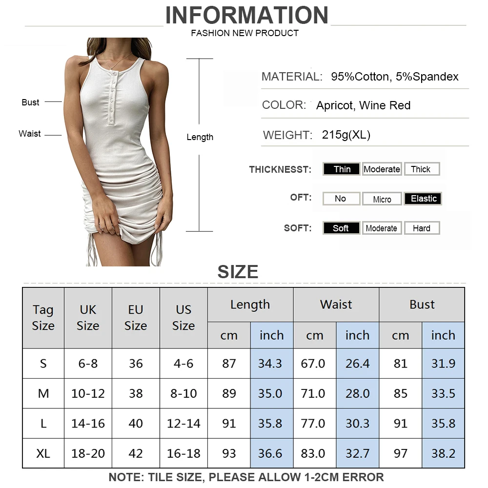 

Women Mini Bodycon Tank Dress Summer New Fashion Sleeveless Sexy Club Party Button Up Ruched Ribbed Drawstring Mini Dresses D30