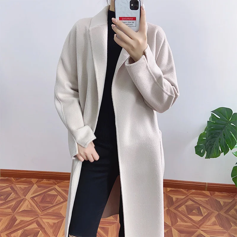 

SHZQ зима 2021 корейское простое двустороннее женское длинное пальто из 100% шерсти двубортное свободное шерстяное пальто с воротником-костюмом